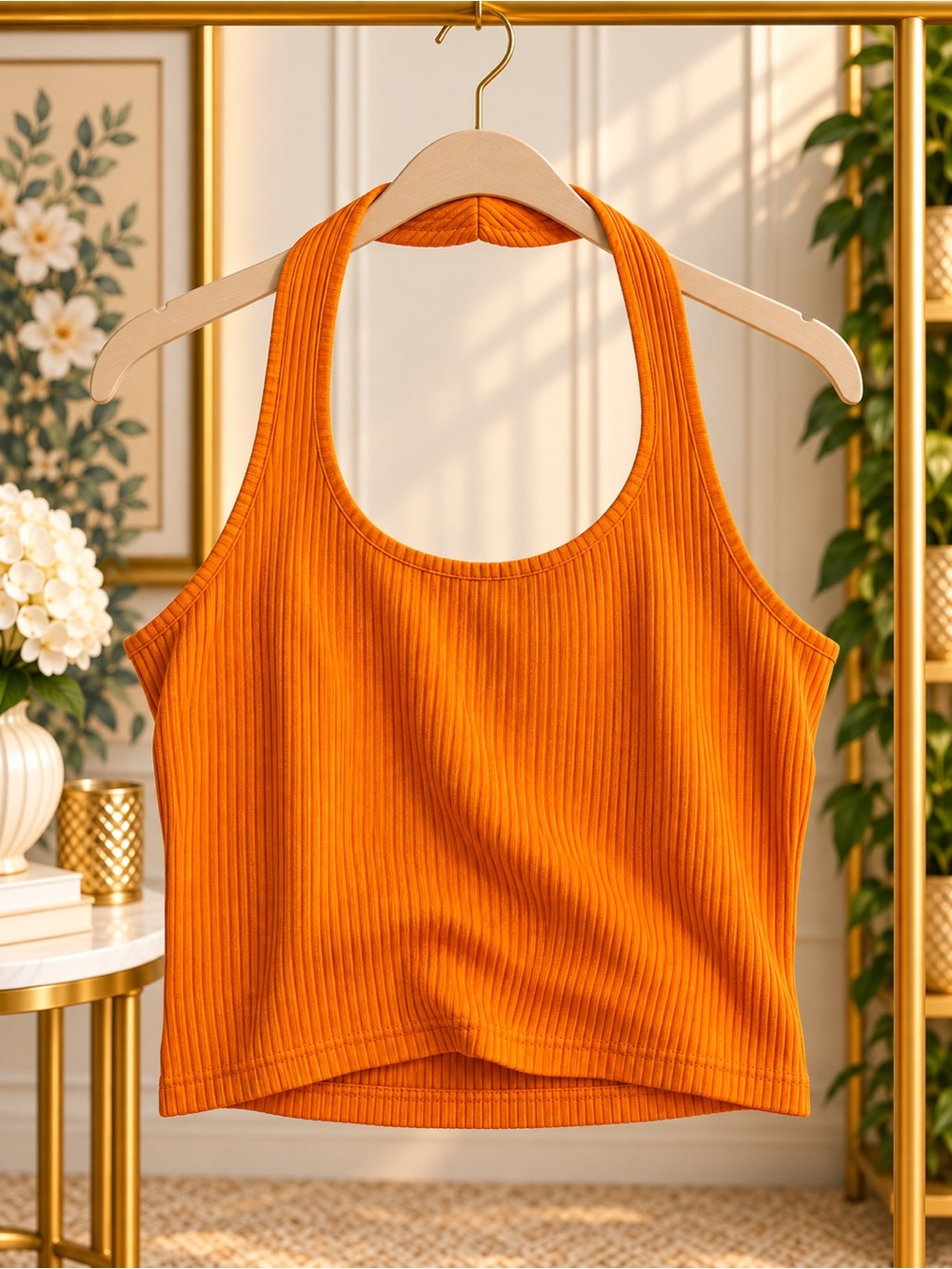 H&M Orange Ribbed Halter Crop Top Size M Stretch Y2K
